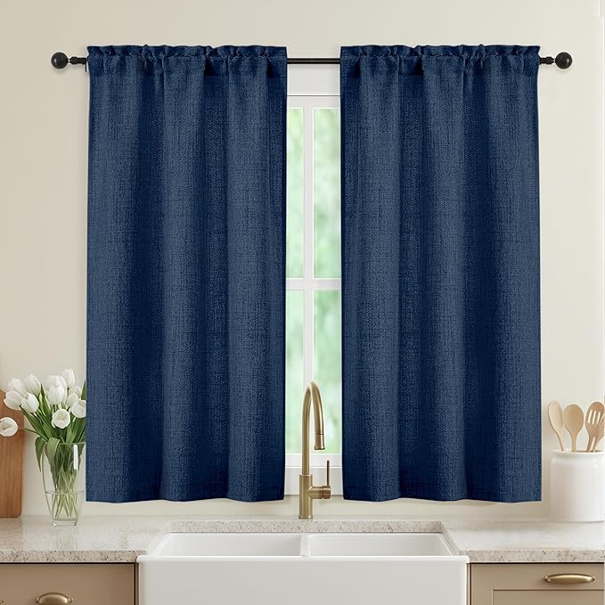 Navy Blue Kitchen Curtains 45 Inch Length 2 Panels, Light Filtering Faux Linen Textured Short Kitchen Window Curtains Over Sink, Half Curtain Tiers for Cabinet Bathroom Basement, 30" Wx45 L