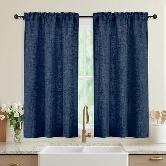 Navy Blue Kitchen Curtains 45 Inch Length 2 Panels, Light Filtering Faux Linen Textured Short Kitchen Window Curtains Over Sink, Half Curtain Tiers for Cabinet Bathroom Basement, 30" Wx45 L