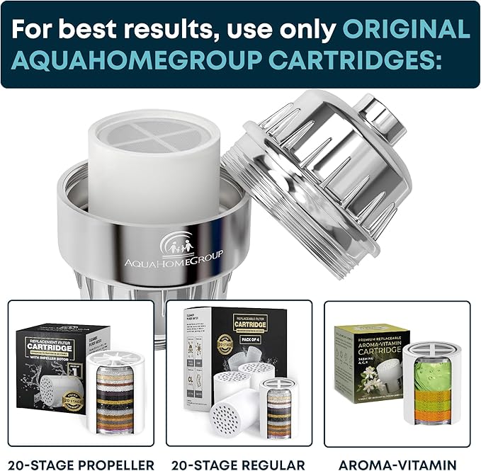 AquaHomeGroup 20 Stage Shower Head Filter with Vitamin C E A for Hard Water - High Output Filter to Remove Chlorine and Fluoride - 2 Cartridges Included - Consistent Flow Showerhead Filters