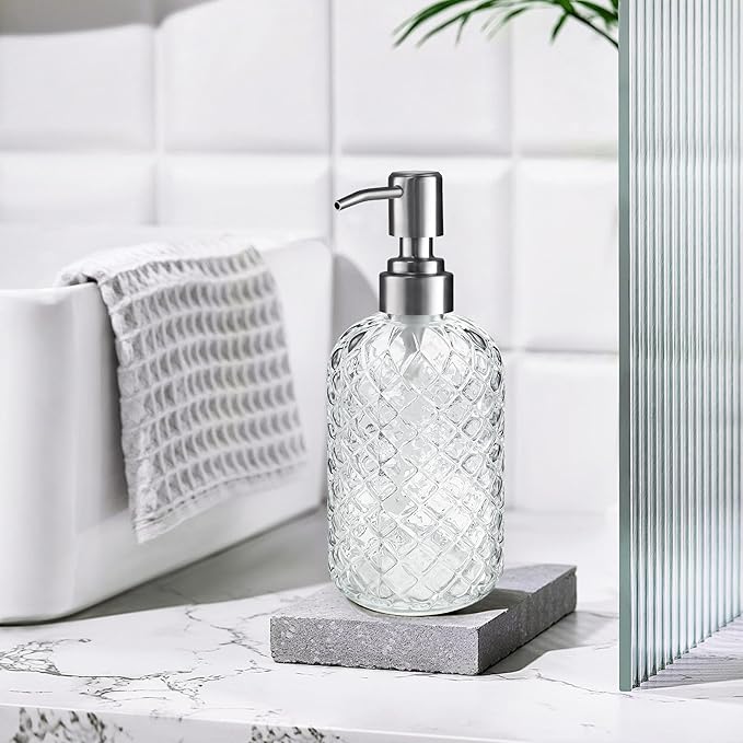 14 Oz Refillable Glass Soap Dispenser with Rust Proof Stainless Steel Pump, for Dispense Hand soap, Body wash, Lotion 2pack