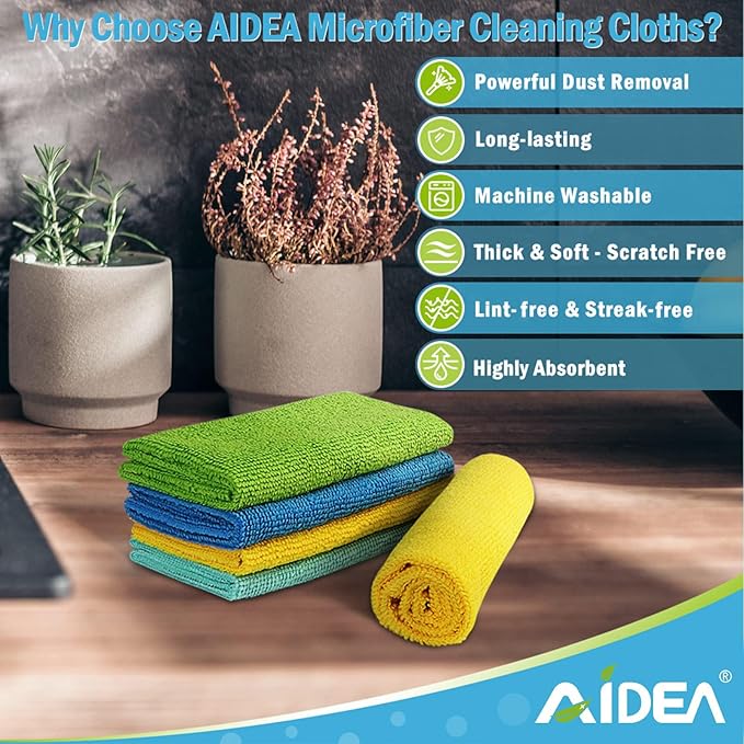 AIDEA Microfiber Cleaning Cloth, 20PK, Soft Absorbent Rags, Microfiber Towels for Cars, Kitchen Towels, Dusting Cloth for Home, Window, Cleaning Supplies, 12"×12"
