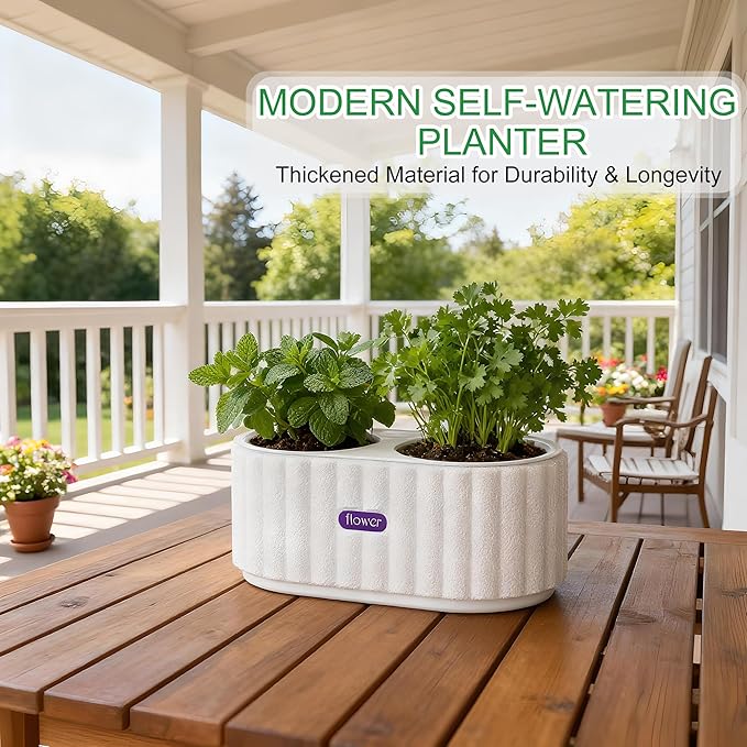 HOSUN 4 inch Two Planting Holes Self Watering Pots for Indoor Plants, Flower Plant Pots with Drainage Holes and Clear Reservoirs, Plastic Planters with Wicking Rope, White