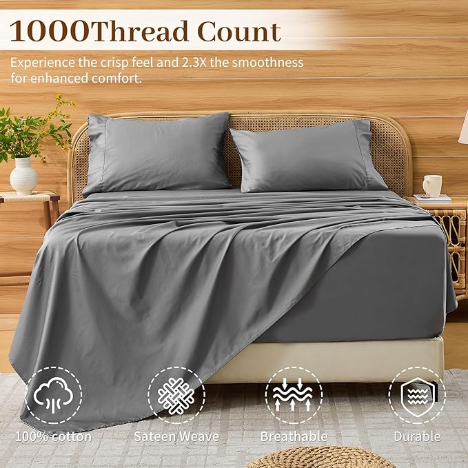 Bedlifes Deep Pocket Sheets 18-24 Inch, California King Size Egyptian Cotton 1000 Thread Count, 4-Piece - Fits Extra Thick Mattresses, Cooling & Breathable (Light Gray)