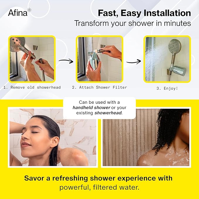Afina Shower Filter For Hard Water - Removes 99% Chlorine, Harmful Substances & Heavy Metals - Improves your Skin & Hair (Black)