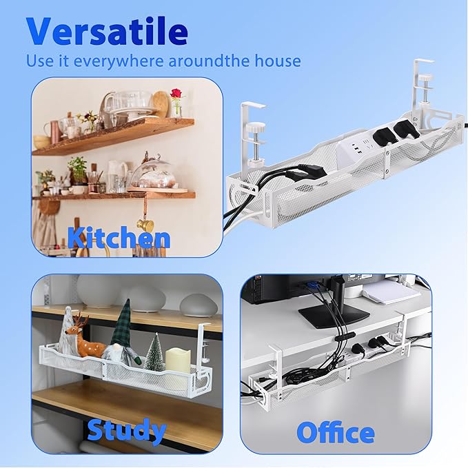 Under Desk Cable Management Box 25.3 Inch – No-Drill Cable Organizer Tray, Large Cord Management Box for Office & Home, Wire Organizer Under Desk Storage, White