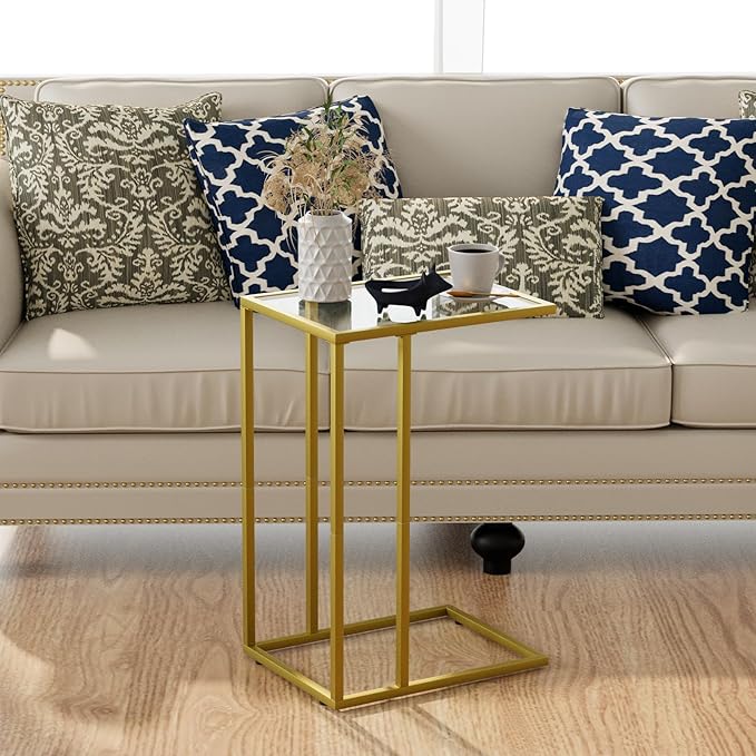 C-Shaped End Table, Side Table for Couch,Sofa Snack Table with Tempered Glass & Metal Frame,Small TV Tray Table for Small Space,Living Room, Bedroom, Bedside,Modern Style, Gold