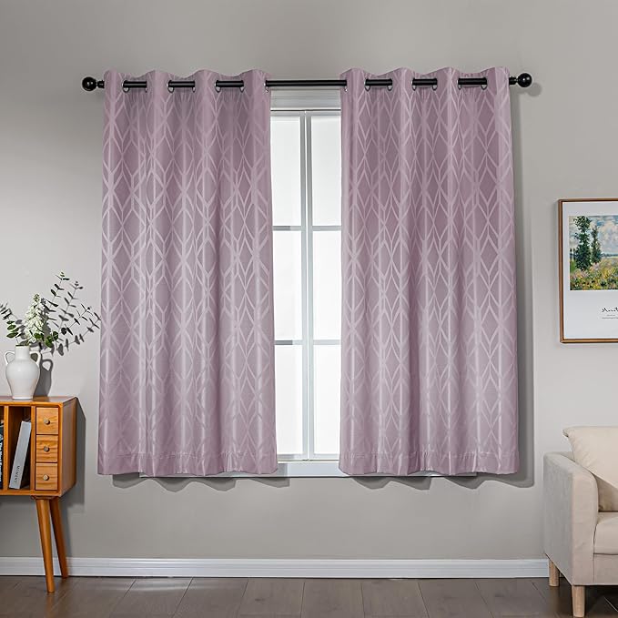 Amazon Basics Jacquard 2-Piece 100% Blackout Curtains, Living Room and Bedroom Drapes, Thermal Insulated Window Treatment, 42"x63", Pink