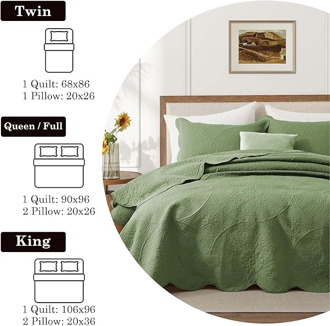 IR Imperial Rooms Queen Quilt Bedding Set Size (90" x 96") + 2 Pillow Shams (20" x 26"+ 2") - 3 Pcs All Season Lightweight Reversible Microfiber Coverlet Floral Embossed Quilt Bedspread (Olive Green)