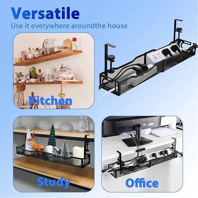 Under Desk Cable Management Box 25.3 Inch – Clamp-Mounted Cable Organizer Tray, Large Cord Management Box for Office & Home, Wire Organizer Under Desk Storage, Black
