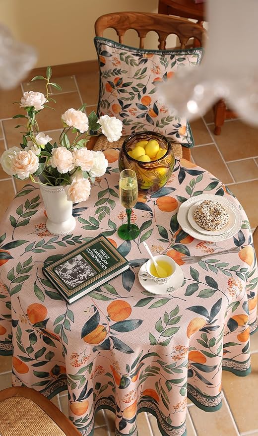 patdrea Designer Linen Small Round Table Cloth,Vintage Framhouse Oranges and Leaves Pattern Tablecloth,Decor Table Cover for Kitchen Dining Christmas,Thanksgiving,Party,Diameter 55"-Palladin a