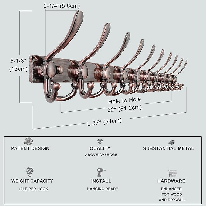 Dseap MaxStrong 2.0 Coat Rack Wall - 37” Long 10 Tri Hooks - Ultra Heavy-Duty Stainless Steel Wall Mount Coat Hanger, Hook Rail for Clothes Hats Jacket Towels Antique Copper