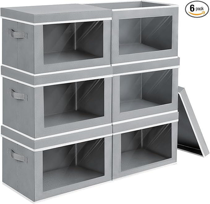 Large Storage Baskets with Lids - Stackable Cube Bins for Closet, 6 Pack Grey Windows Organizer Bins, Home Organizers and Storage for Clothes, CD, Towels