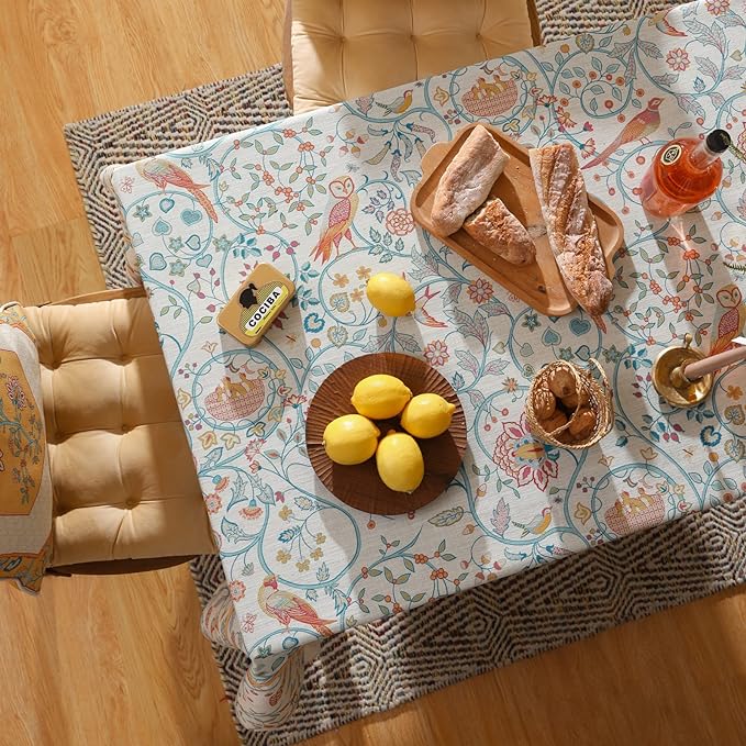 patdrea Designer Vintage Square Table Cloth,Yellow Linen Floral Birds Pattern Colorful Tablecloths,Decorative Table Cover for Kitchen Dining Banquet,Christmas,Thanksgiving,67"x67"-Magnolia