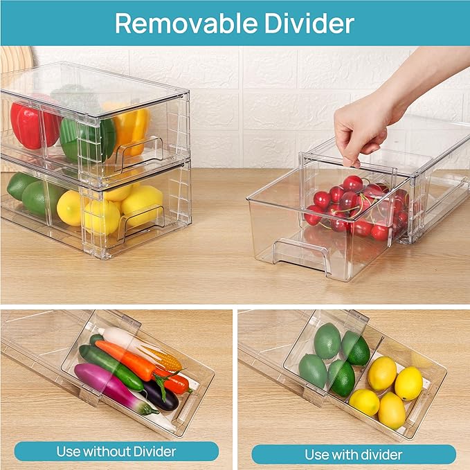 Vtopmart 6 Pack Stackable Storage Drawers,Clear Acrylic Drawer Organizers with Handles, Easily Assemble Containers for Fridge, Bathroom,Kitchen Undersink,Cabinet,Pantry Organization and Storage