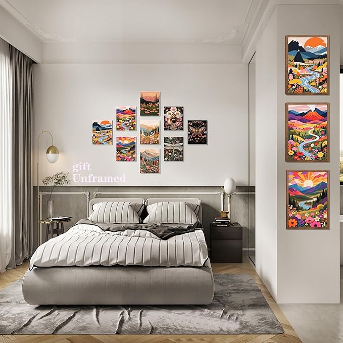 Nature Landscape Boho Wall Art Set of 3 12x16In Wood Framed,with 9 Bonus 8x10 Posters Prints, Abstract Ridge River Sunset Floral Canvas Paintings for Living Room Bedroom Office