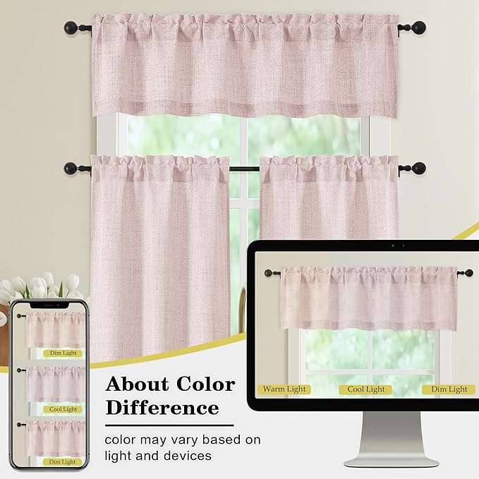 Blush Pink Kitchen Curtains 36 Inch Length 2 Panels, Light Filtering Farmhouse Faux Linen Textured Short Curtains for Windows, Small Curtain Tier for Cafe Cabinet Bathroom RV Camper, 30Wx36L