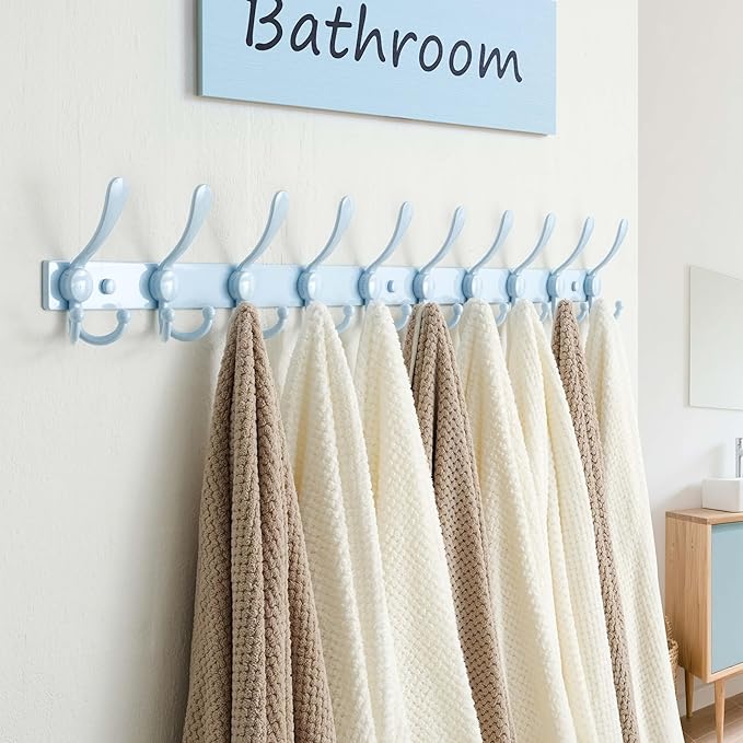 Dseap MaxStrong 2.0 Coat Rack Wall - 37” Long 10 Tri Hooks - Ultra Heavy-Duty Stainless Steel Wall Mount Coat Hanger, Hook Rail for Clothes Hats Jacket Towels Blue, Pack of 2