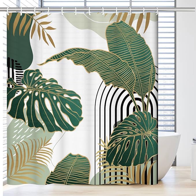 Boho Mid Century Shower Curtain Set for Bathroom, 72"X72" Green Shower Curtain for Chic Elegant Bathroom Decor, Fabric Shower Curtain Waterproof Durable (Green, 72" L x 72" W)