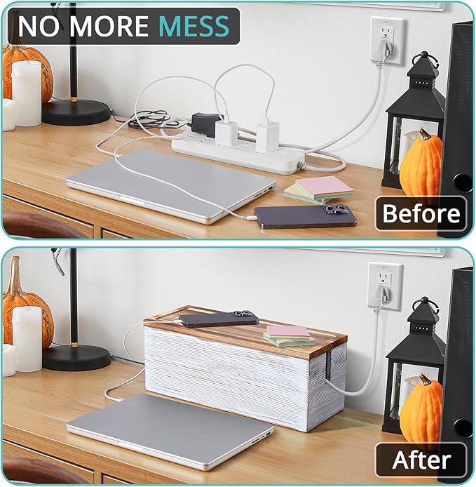 Large Cable Management Box, White Washed Wood Cord Organizer Box for Desk, Floor, Office to Hide Extension Cords Power Stripes Surge Protectors Chargers Wires