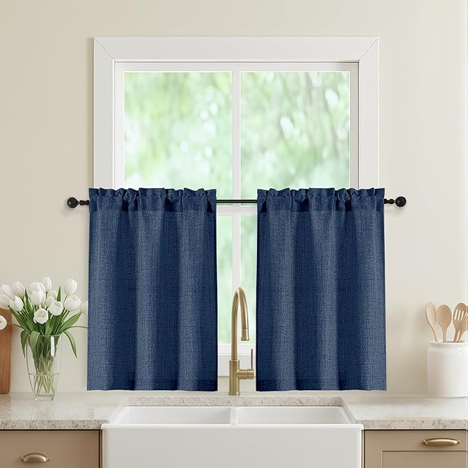 Navy Blue Kitchen Curtains 30 Inch Length 2 Panels, Light Filtering Farmhouse Linen Textured Small Short Curtains Over Sink, Half Curtain Tiers for Cabinet Bathroom Cafe Basement, 30"Wx30"L