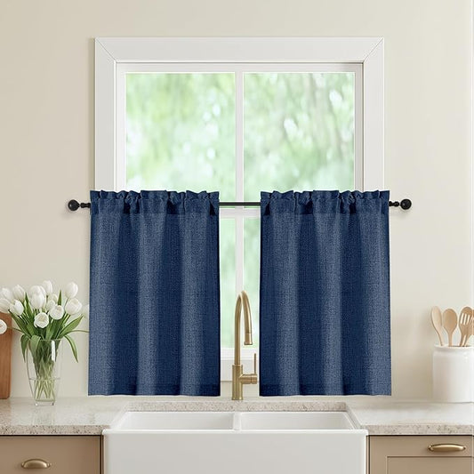 Navy Blue Kitchen Curtains 30 Inch Length 2 Panels, Light Filtering Farmhouse Linen Textured Small Short Curtains Over Sink, Half Curtain Tiers for Cabinet Bathroom Cafe Basement, 30"Wx30"L