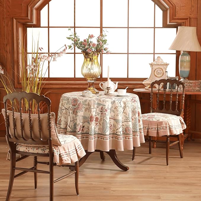 patdrea Designer Vintage Round Tablecloth,Pink Linen Table Cloth with Birds Pattern,Colorful Decoration French Table Cover for Kitchen Dining,Thanksgiving,Party,Christmas,Diameter 55"-Kulom a