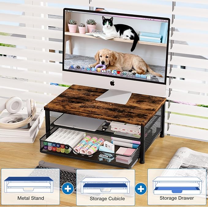 Computer Monitor Stand Riser, Desk Organizers and Accessories with Drawer, Laptop Stand, Office Desk Accessories & Workspace Desktop Organizers Storage for Office Supplies(Brown)