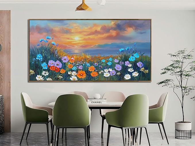 Ardemy Wildflower Wall Art for Living Room Large Framed Floral Canvas Pictures Bedroom Wall Decor Sunset Paintings Flower Textured Artwork for Walls Dining Room Home Office 58"x29"