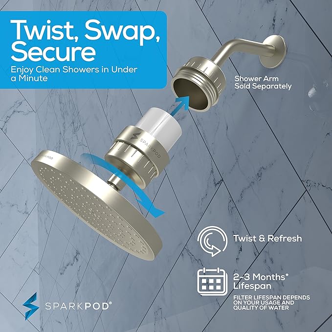SparkPod Luxury Filtered Shower Head Set 23 Stage Shower Filter - Reduces Chlorine and Heavy Metals - High Pressure Showerhead Filter (8" Round, Elegant Brushed Nickel)
