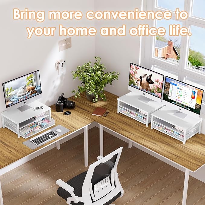 Computer Monitor Stand Riser, Desk Organizers and Accessories with Drawer, Laptop Stand, Office Desk Accessories & Workspace Desktop Organizers Storage for Office Supplies(White)