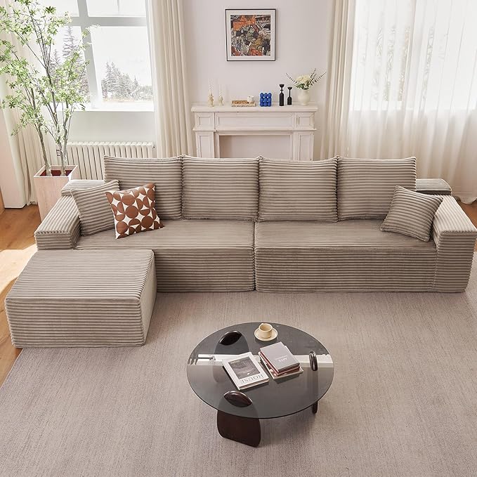 140" L Shaped Cloud Sectional Couch for Living Room, Modular Floor Deep-Seat Sofa, Big Comfy Corduroy Couches Set with Fluffy Memory Foam for Living Room Bedroom, No Assembly Required, Camel