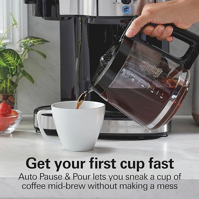 Hamilton Beach 2-Way Programmable Coffee Maker, 12 Cup Glass Carafe And Single Serve Coffee Maker, Black with Stainless Steel Accents, 49980RG