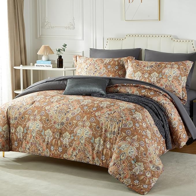 Cupocupa Duvet Cover King Size Set Boho Floral Pattern King Duvet Cover Set for King Size Bed Vintage Soft Bedding Leaf 100% Polyester Print Paisley Duvet Cover with Pillowcases