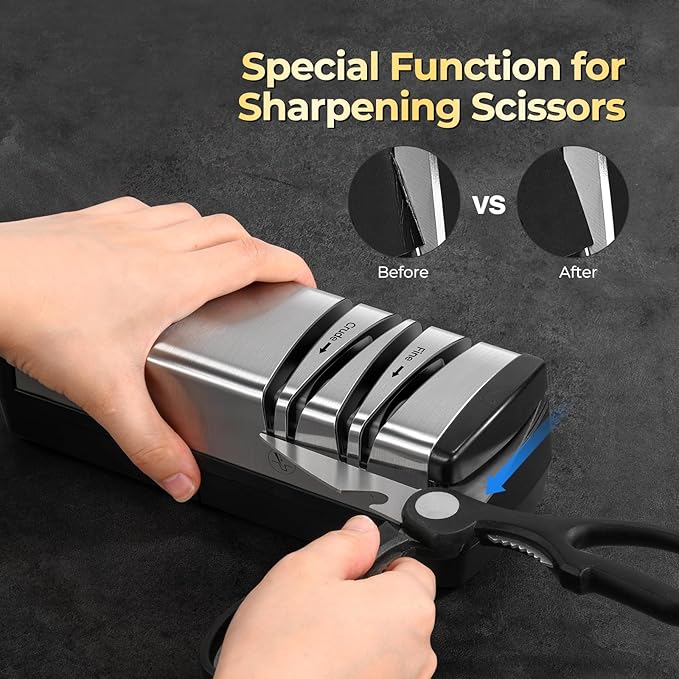 Narcissus Knife Sharpener, Diamond Abrasives Electric Knife Sharpener for Stainless Steel and Ceramic Knives, with Scissors Sharpener & Metal Dust Collection Box, Quick Sharpening & Polishing, Silver