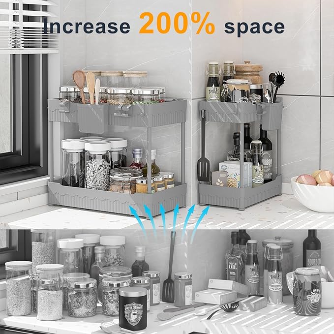 2 Pack Under Sink Organizer, Under Bathroom Cabinet Organizer with Hooks Hanging Cup, Multi-Purpose Storage Shelf for Kitchen Bathroom (Gray, XL)