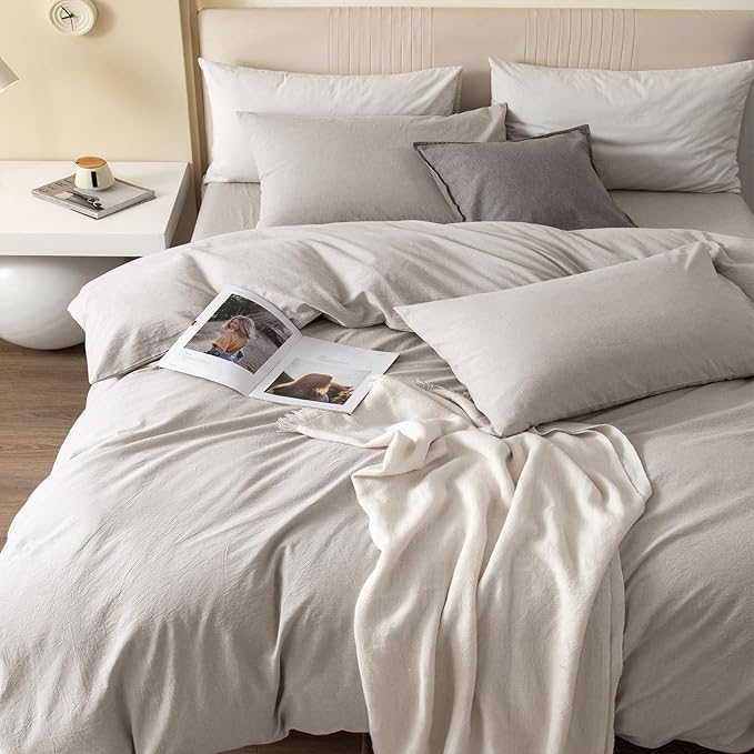 JIYUAN 100% Washed Cotton Duvet Cover Set 3 Pieces Full, 1 Duvet Cover 80x90 Inches(Comforter Not Included) and 2 Pillowcases,Linen Feel Bedding Set Comfy and Breathable, Heathered Cream Grey