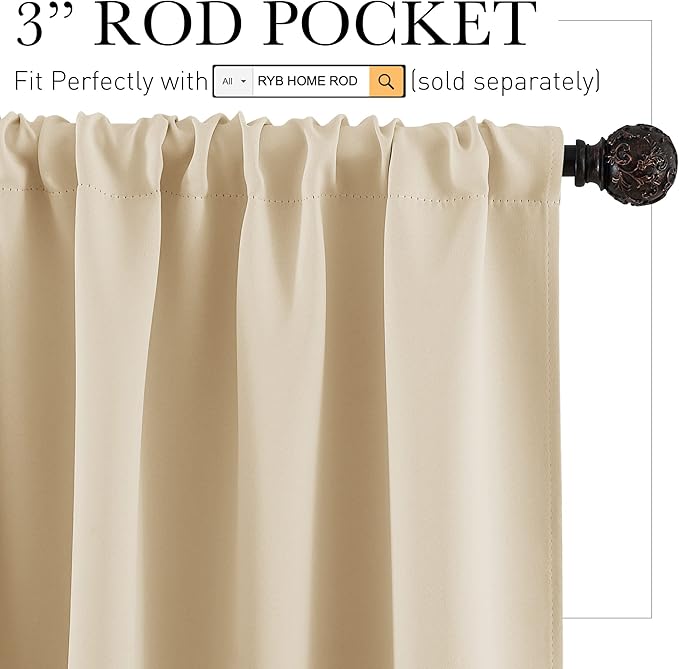 RYB HOME Half Window Curtains - Thermal Insulated Blackout Curtain Tiers Set for Kids Nursery Kitchen Dining Bedroom Bathroom Laundry, 29 inch Wide x 36 inch Long, Biscotti Beige, 1 Pair