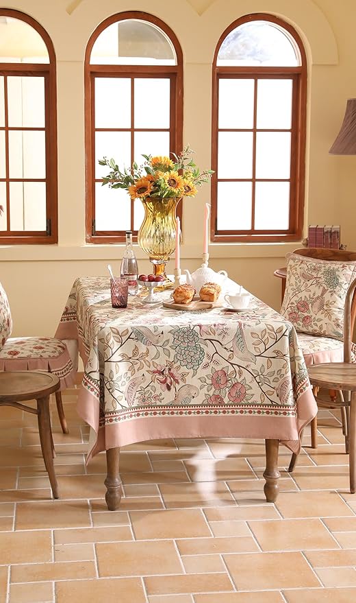 patdrea Designer Pink Linen Table Cloth for Rectangle Table,Vintage Floral with Birds Pattern Decorative Tablcloth,French Table Cover for Kitchen Dining,Thanksgiving,Christmas,55"x79"-Kulom a