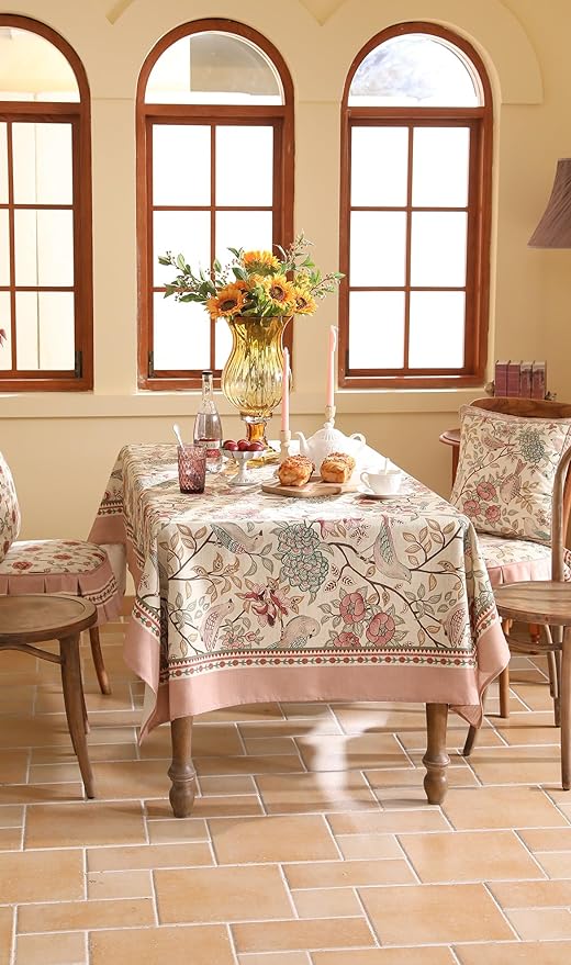 patdrea Designer Pink Linen Table Cloth for Rectangle Table,Vintage Floral with Birds Pattern Decorative Tablcloth,French Table Cover for Kitchen Dining,Thanksgiving,Christmas,63"x110"-Kulom a