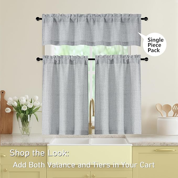 Grey Kitchen Curtains 45 Inch Length 2 Panels, Light Filtering Faux Linen Textured Short Kitchen Window Curtains Over Sink, Half Curtain Tiers for Cabinet Bathroom Basement, 30Wx45L Inch