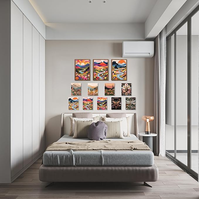 Nature Landscape Boho Wall Art Set of 3 24x16In Wood Framed,with 9 Bonus 8x10 Posters Prints, Abstract Ridge River Sunset Floral Canvas Paintings for Living Room Bedroom Office