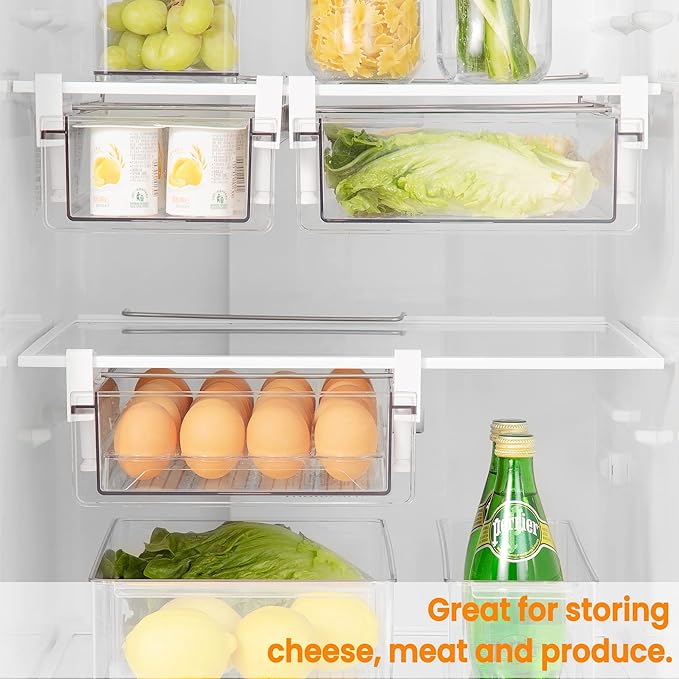 vacane Large Fridge Under Shelf Drawer, Pull Out Refrigerator Drawer Organizer Fridge Organizer Bins, Fridge Storage Container Holder for Produce, Deli Meat, Cheese, Bacon, Easy to Install-L
