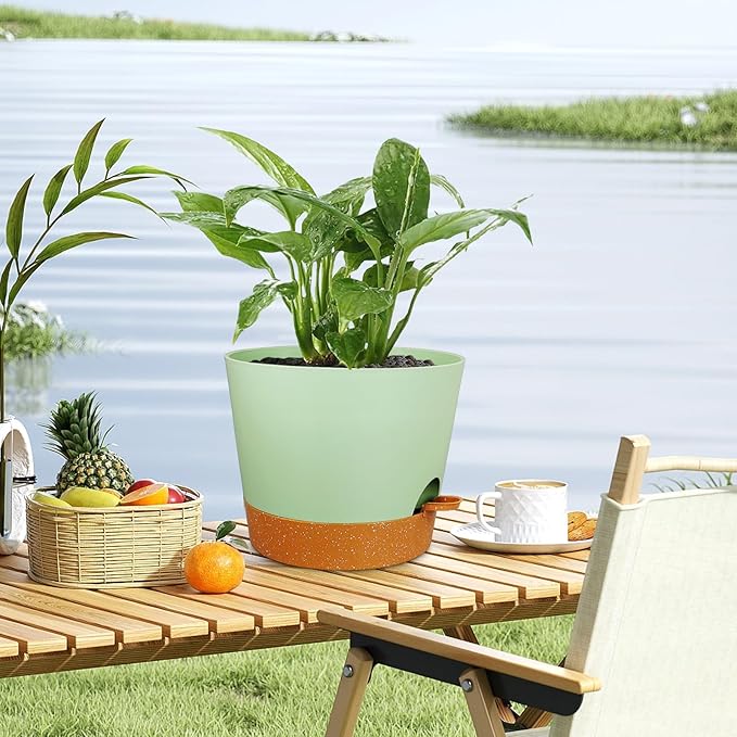 12 inch Large Self Watering Pots for Indoor Outdoor Plants, Flower Plant Pots with Drainage Holes for Garden House Plants, Plastic Planters with Reservoir for Home, Green with Brown