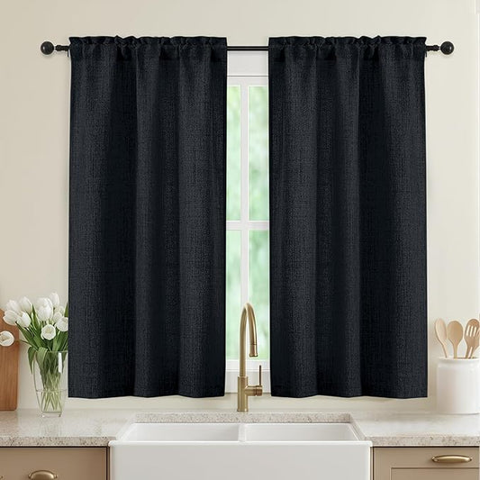 Black Kitchen Curtains 45 Inch Length 2 Panels, Light Filtering Faux Linen Textured Short Kitchen Window Curtains Over Sink, Half Curtain Tiers for Cabinet Bathroom Basement, 30Wx45L Inch