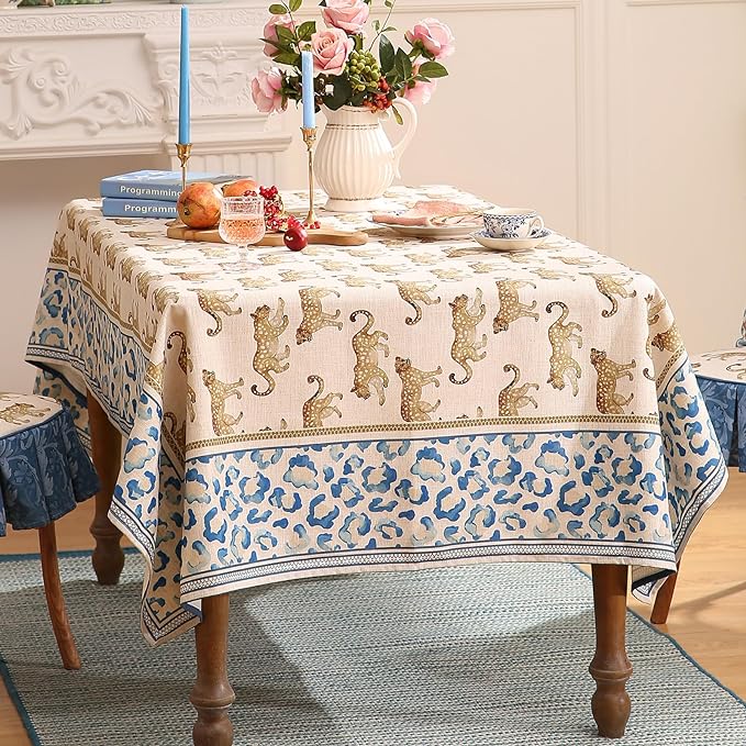 patdrea Designer Vintage Linen Long Table Cloth for Rectangle Table,Leopard Animal Pattern Soft Breathable Tablecloth,Decor Cover for Kitchen Dining,Christmas,Parties,Thanksgiving,63"x102"-from