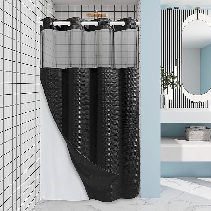 Stall No Hook Shower Curtain with Snap in Liner,230GSM Waffle Weave Shower Curtains for Bathroom,60W x 74H,Black