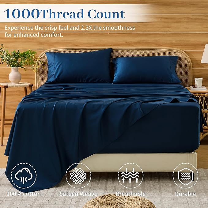 Bedlifes Deep Pocket Sheets 18-24 Inch, Queen Size Egyptian Cotton 1000 Thread Count, 4-Piece - Fits Extra Thick Mattresses, Cooling & Breathable (Navy)