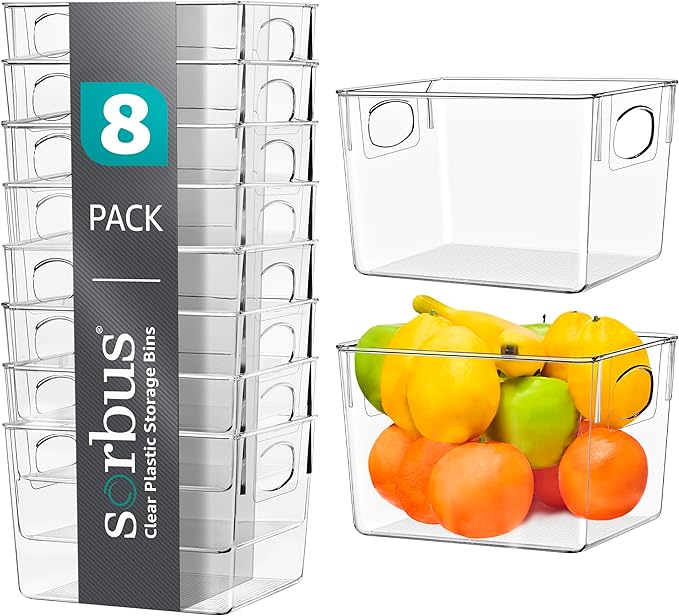 Sorbus Medium Clear Plastic Storage Bins for Shelves, Clothes, with Handle - Clear Storage Bins, Drawer, Shelf, Closet, Pantry, Fridge, Freezer Organizer Bins, Closet Organizers and Storage (8 pack)