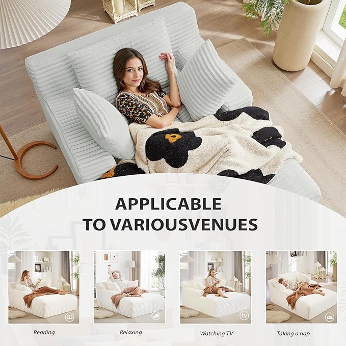 50 Inches Chaise Lounge Indoor, Oversized Chaise Lounge Chair with 3 Throw Pillows and Armrests, Corduroy Upholstered Plush Sofa Bed Lazy Chair Bed Sleeper Chair for Living Room Apartment (Light Grey)