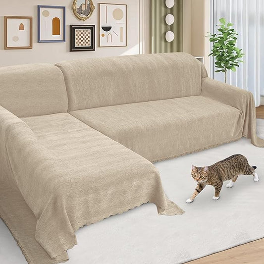 ALIECOM Sectional Couch Covers L Shape Sectional Sofa Cover for Dogs 2 Piece Thick Chenille L Shaped Couch Cover Blanket Chaise Sofa Slipcovers Pet Furniture Protector Washable (X-Large, Light Khaki)